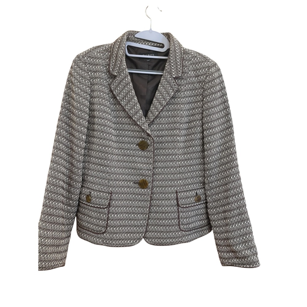 Talbots Tweed‎ Blazer Two Button Chevron Weave Lined Chocolate Couture Business